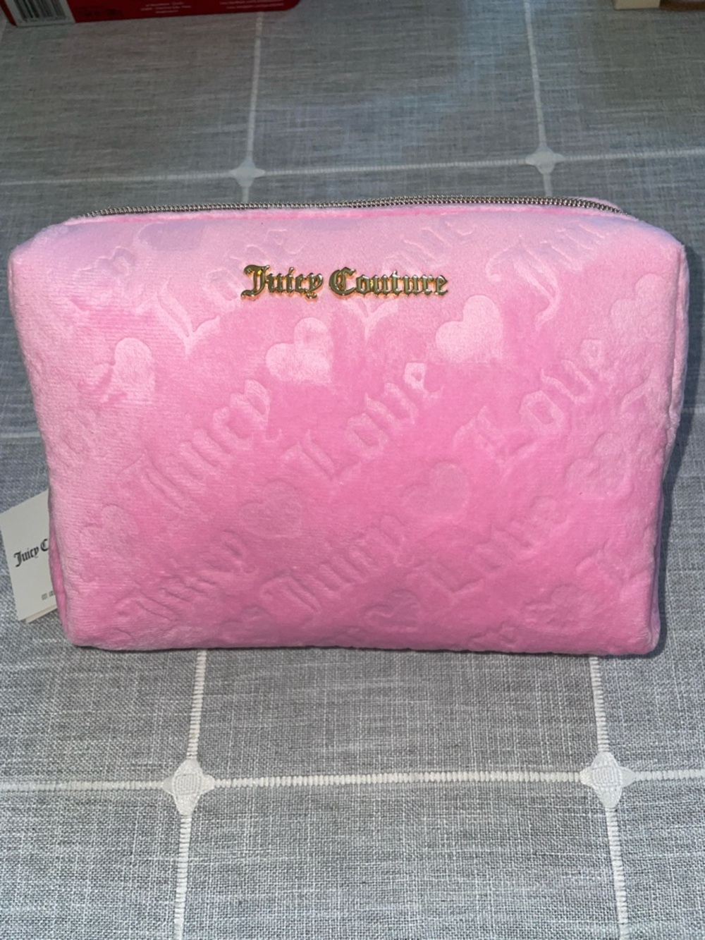 Juicy Couture Pink Plush Embossed Cosmetic Pouch with Gold Logo